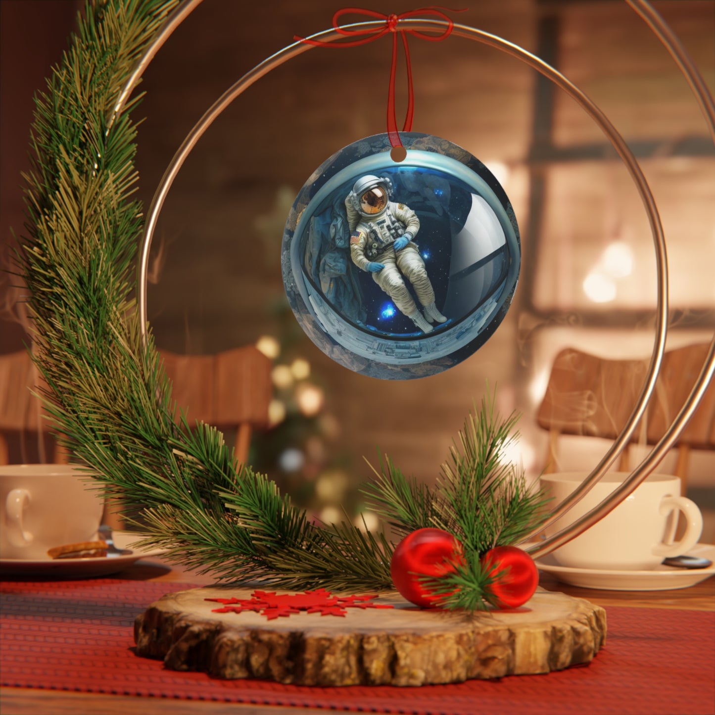 The Teafaerie: transparent spherical glass Christmas bauble with an female astronaut floating inside of it. Metal Ornament