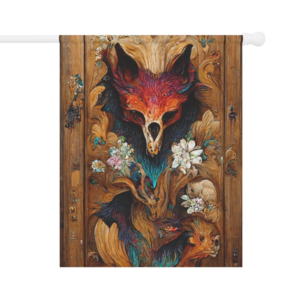 intricate colourfully painted carved wood paneling, fox and ravens, flowerpunk mythology, many hues, artstation - Garden & House Banner