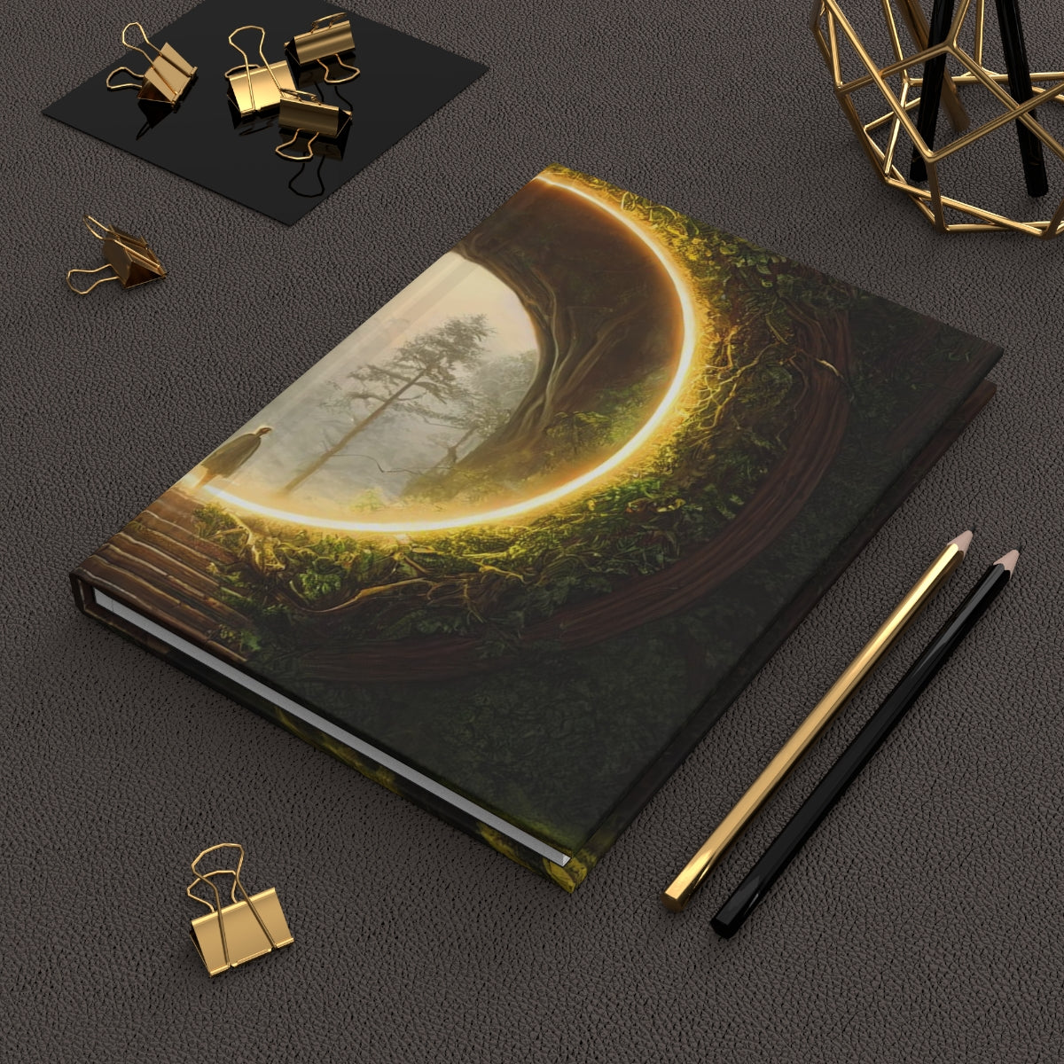 a majestic stargate covered in ivy, set in a redwood forest, golden hour, intricate details - Hardcover Journal Matte