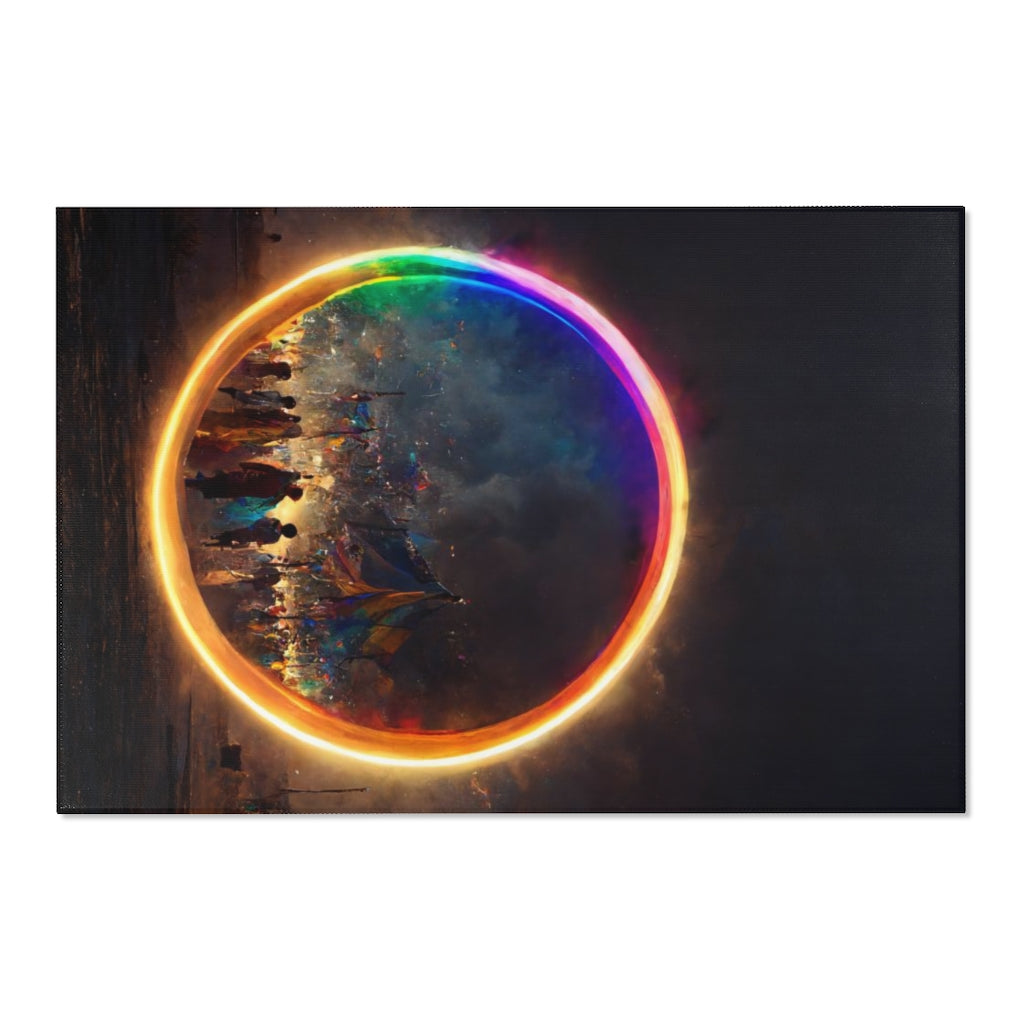 a bright rainbow circle of magic at burning man, cinematic - Area Rugs