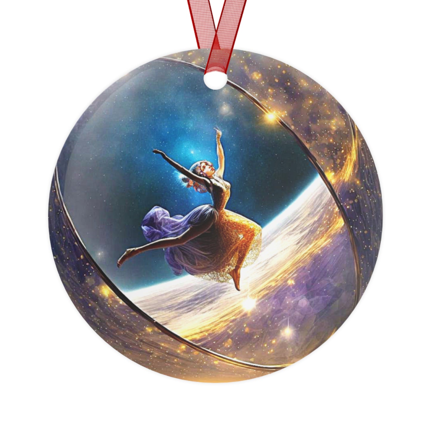 The Teafaerie: a very beautiful zero gravity dancer danced inside of a transparent crystal sphere in space. Metal Ornament