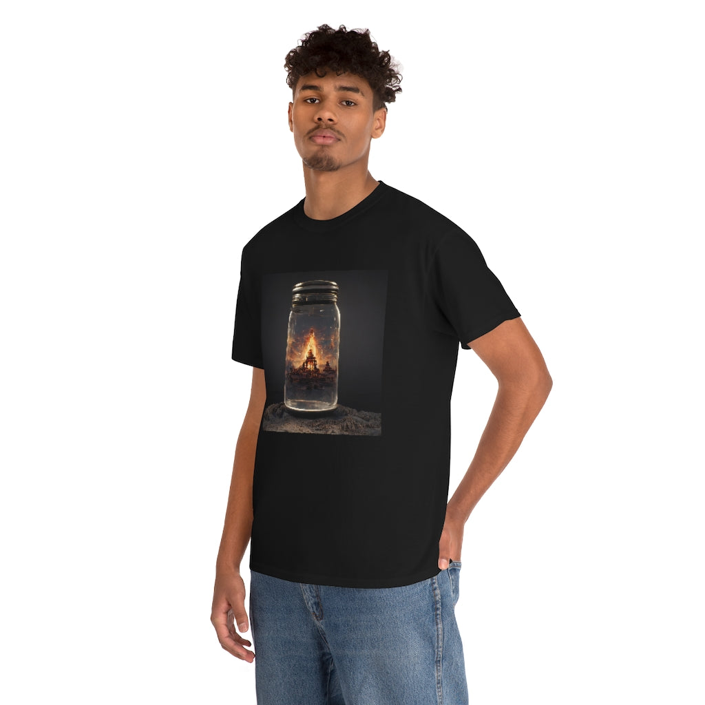 glass_jar_with_burning_man_temple_inside_black_rock_city - Unisex Heavy Cotton Tee