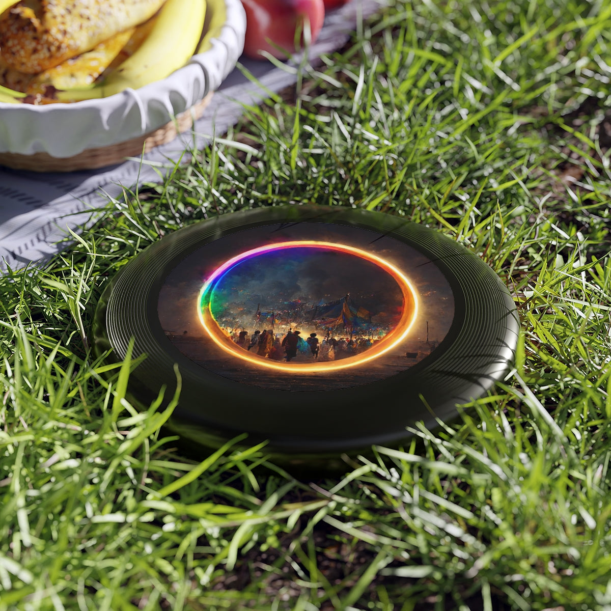 a bright rainbow circle of magic at burning man, cinematic, realistic, intricate detail, finely detailed, small details, extra detail, photorealistic - Wham-O Frisbee