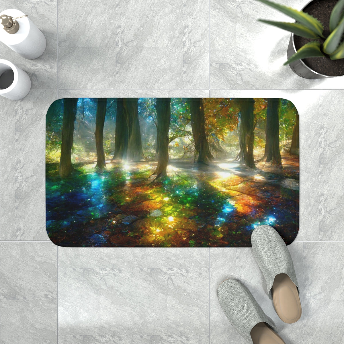 Memory Foam Bath Mat - a picture of trees that have mirrors, crystals, and gemstones as leaves, sunlight is dispersed through crystal leaves creating rainbows