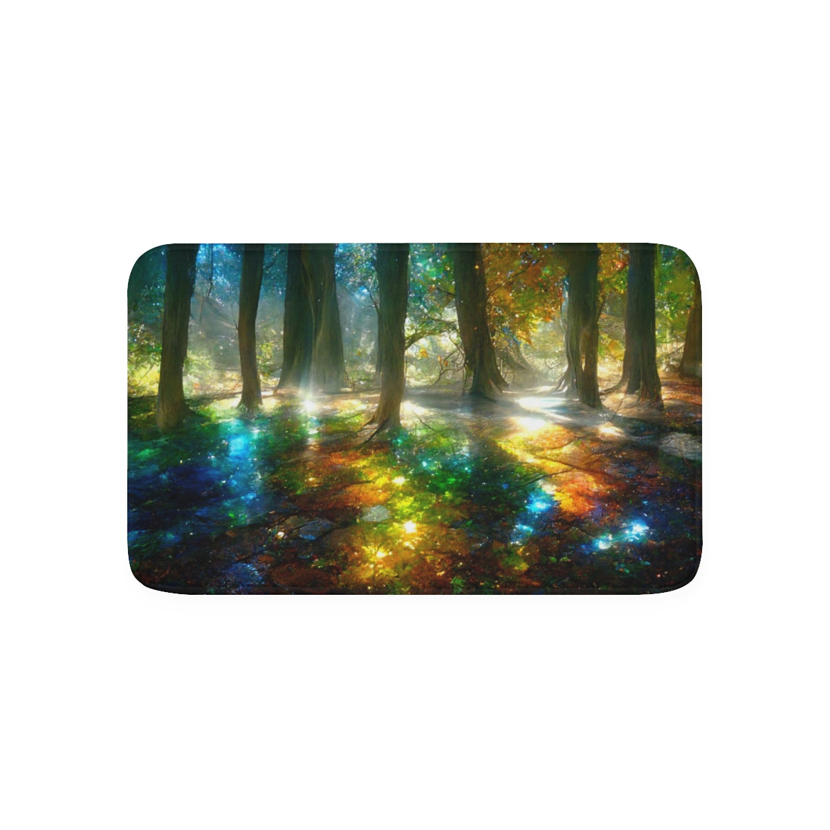 Memory Foam Bath Mat - a picture of trees that have mirrors, crystals, and gemstones as leaves, sunlight is dispersed through crystal leaves creating rainbows