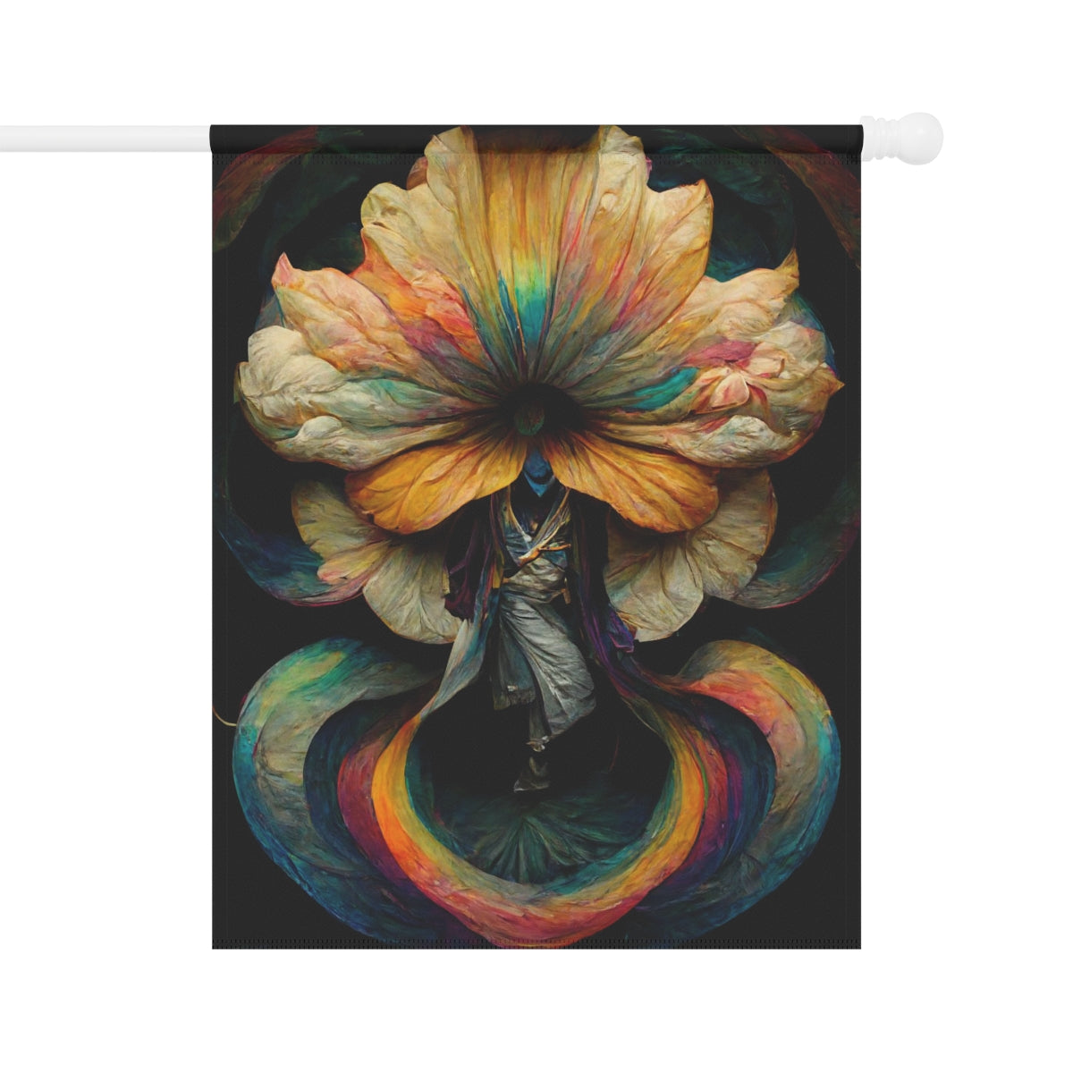 God of Psychedelics dancing in a vortex made of flowers