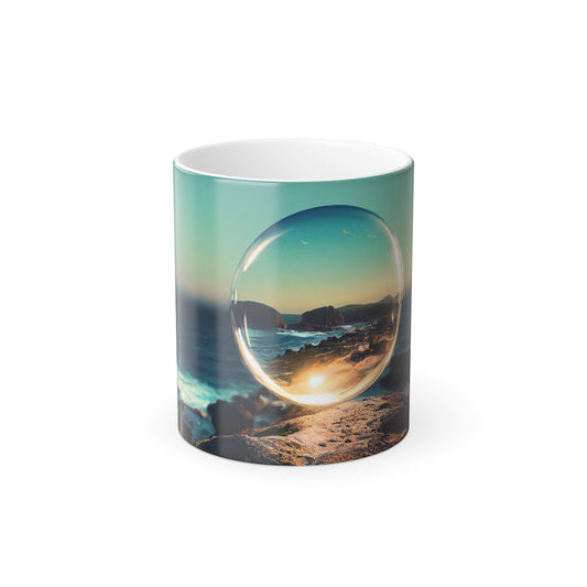 clear spherical bubble houses, set perfectly on top of a rocky shore, beautiful ocean coast -  Color Morphing Mug, 11oz