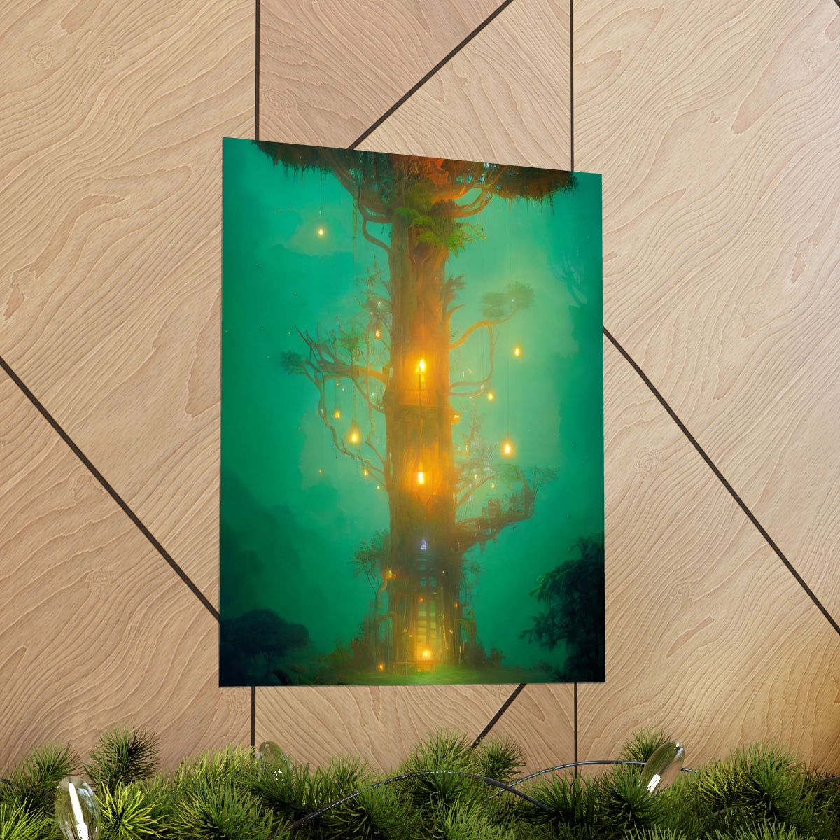 Premium Matte vertical posters - mystical treehouse surrounded by exotic plants and fireflies, jungle fog at sunset, cinematic lighting