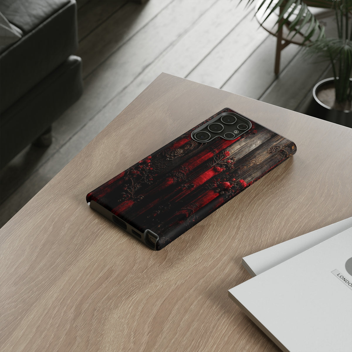 phone case - wall paper texture of red and black gothic painting octane rendering cinematic wooden detailed design frame