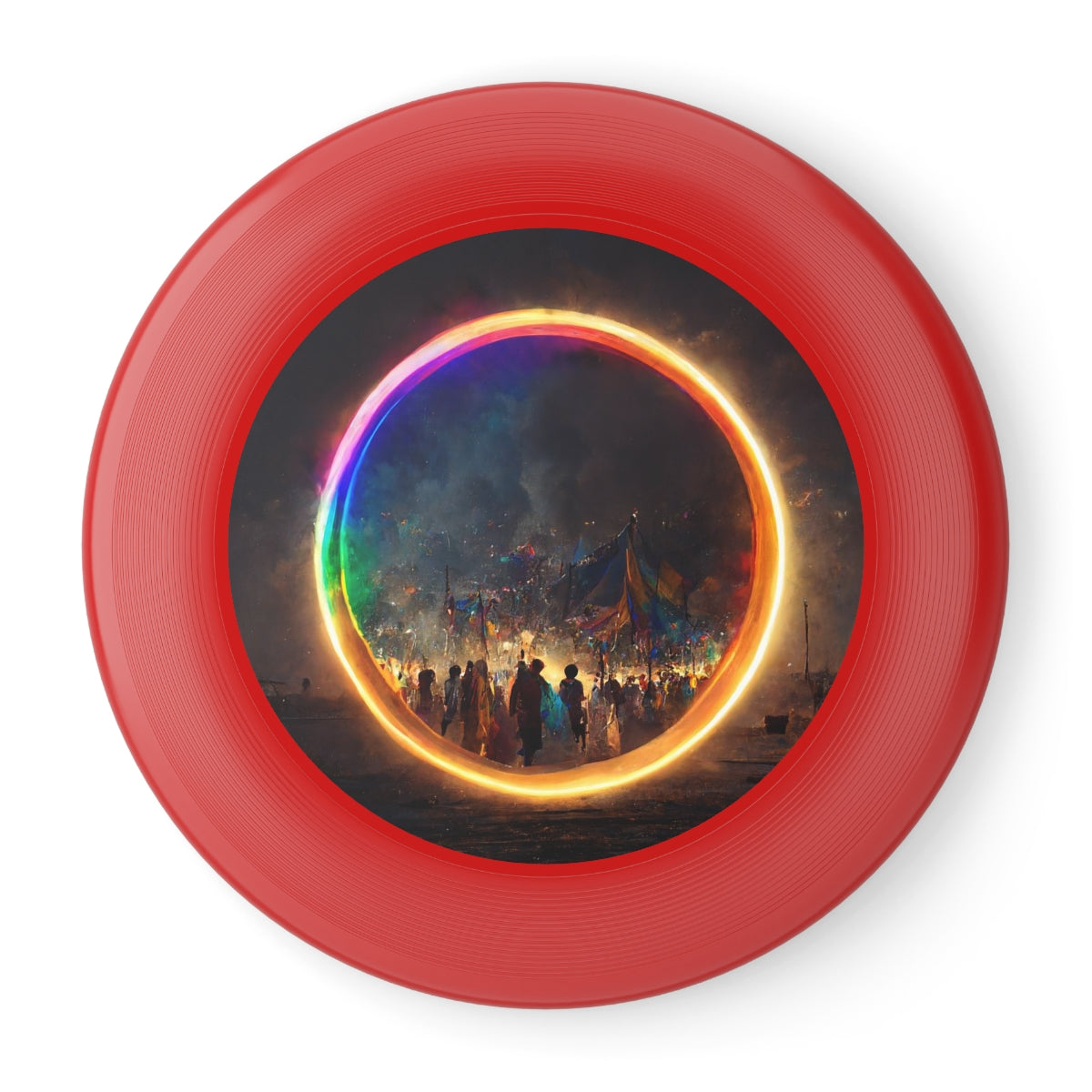 a bright rainbow circle of magic at burning man, cinematic, realistic, intricate detail, finely detailed, small details, extra detail, photorealistic - Wham-O Frisbee