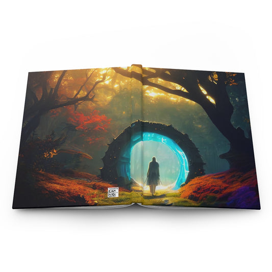 a glowing magical stargate portal, leading from summertime into autumn, in a fantasy fairytale dream forest, hyperdetailed - Hardcover Journal Matte