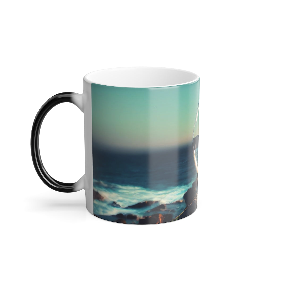 clear spherical bubble houses, set perfectly on top of a rocky shore, beautiful ocean coast -  Color Morphing Mug, 11oz