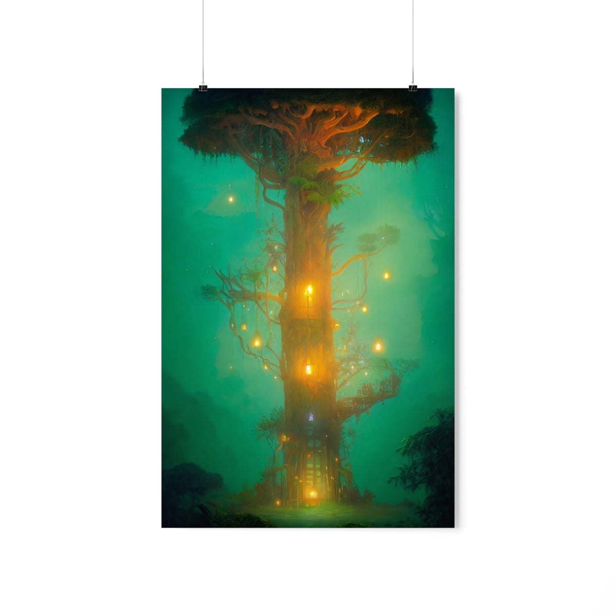 Premium Matte vertical posters - mystical treehouse surrounded by exotic plants and fireflies, jungle fog at sunset, cinematic lighting