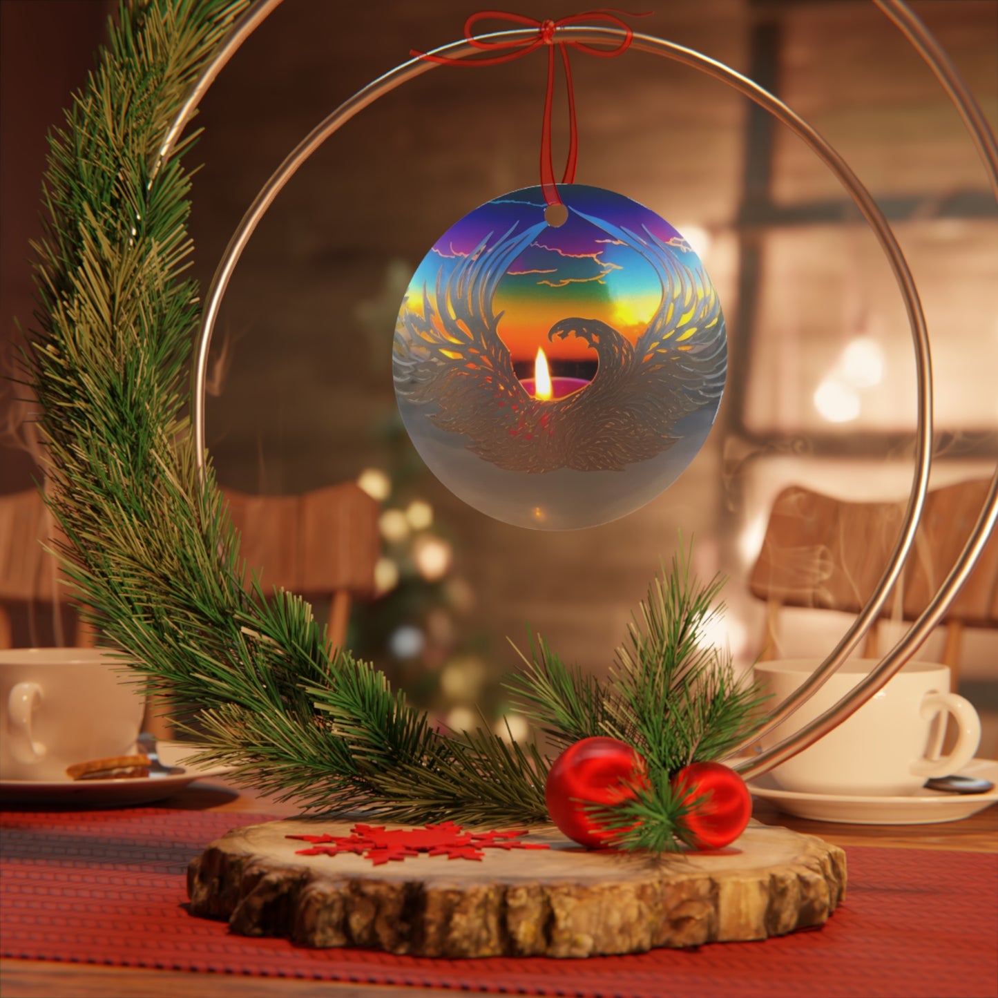 The Teafaerie: A photograph of a translucent iridescent glass sphere like a glass christmas bauble with a candle inside.  - Metal Ornaments