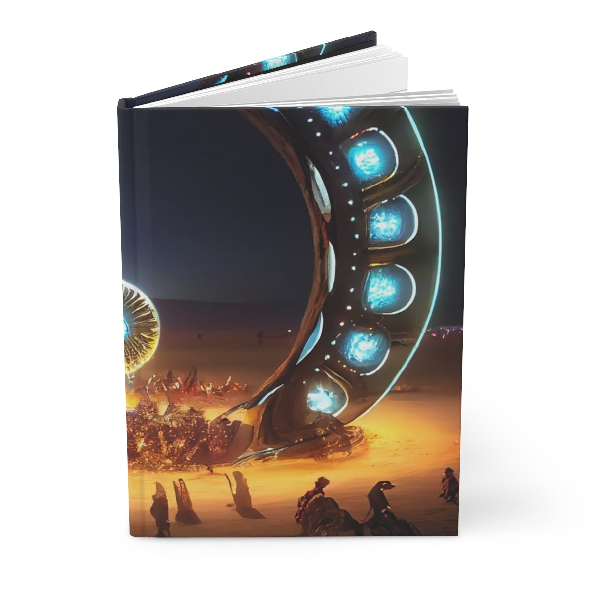 giant glowing circular fantasy stargate at burning man at night - Hardcover Journal Matte