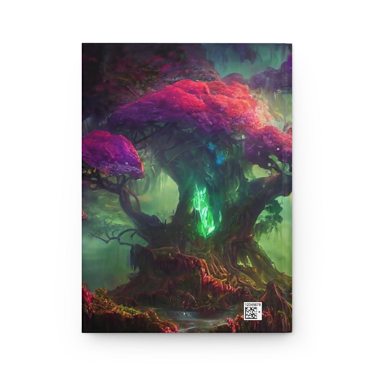 beautiful magical fantasy, massive ancient gnarled tree forest, multi-colored lights, background waterfall cascading - Hardcover Journal Matte