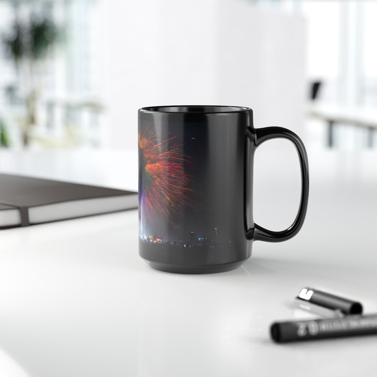 giant rainbow fireworks exploding in the sky, black rock city in the background, lasers and lights illuminating dust, last star in an early morning sky, crowds of people dancing below, Black Mug, 15oz