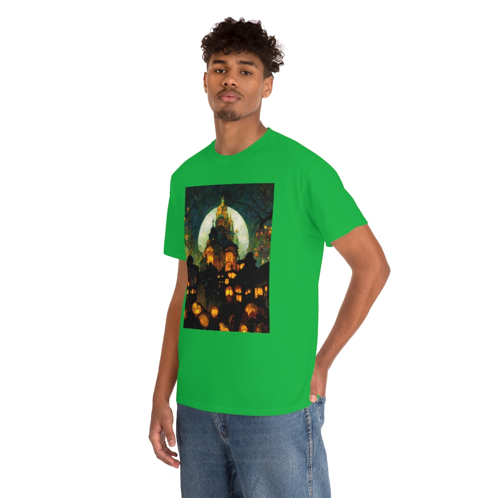 street-level_view_of_halloween_town_at_night_by_alphonse_mucha - Unisex Heavy Cotton Tee