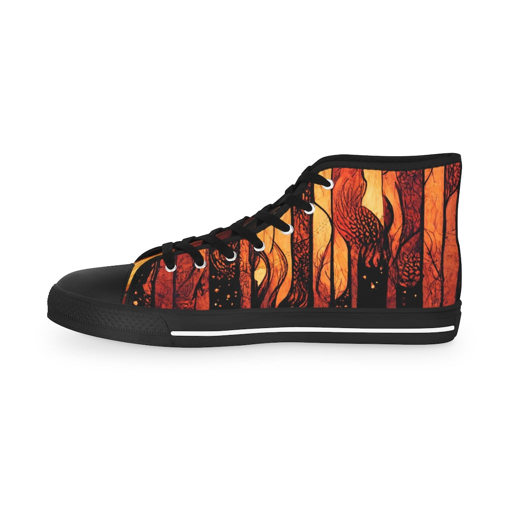 tiling pattern on wood panel of black flames - Men's High Top Sneakers