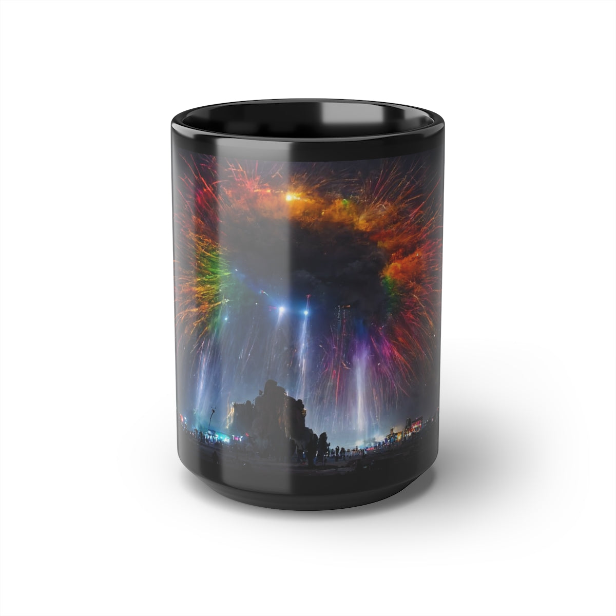 giant rainbow fireworks exploding in the sky, black rock city in the background, lasers and lights illuminating dust, last star in an early morning sky, crowds of people dancing below, Black Mug, 15oz