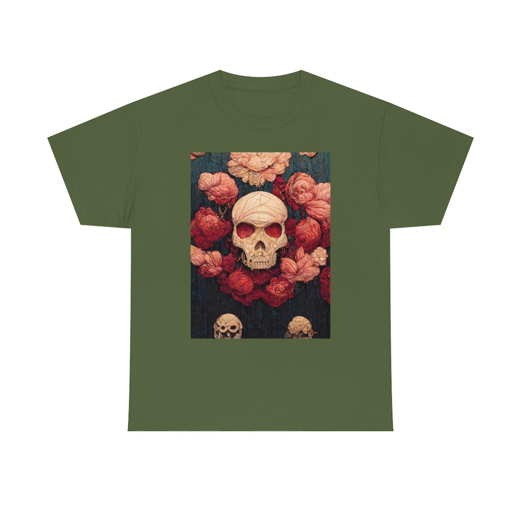 tiling pattern on wood panel of small skulls and vivid roses, gouache illustration - Unisex Heavy Cotton Tee