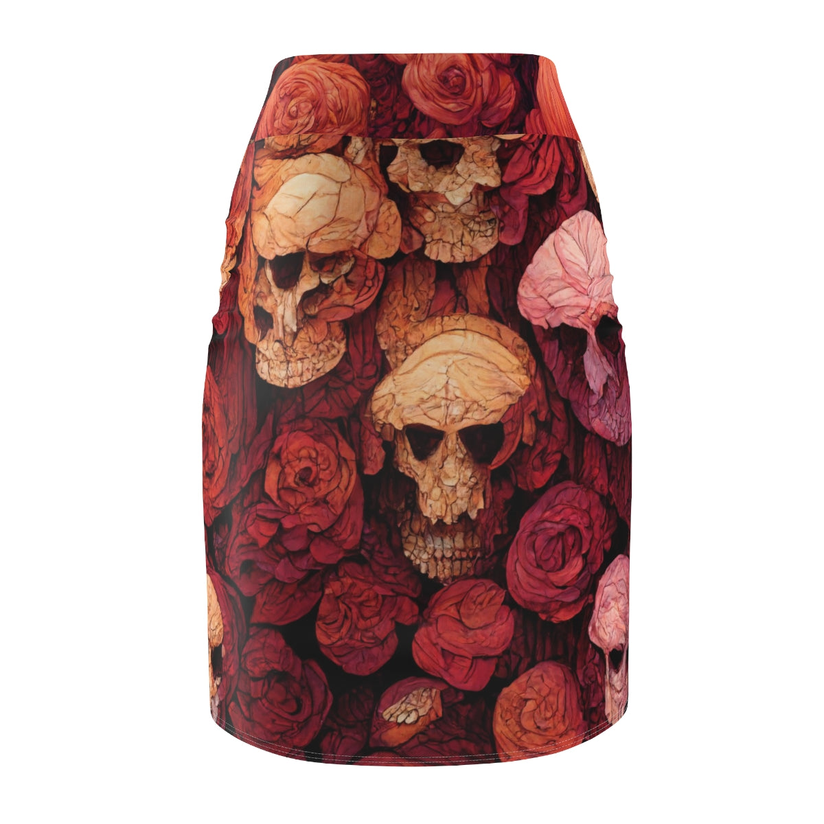 tiling pattern on wood panel of large skulls and vivid roses, gouache illustration - Women's Pencil Skirt