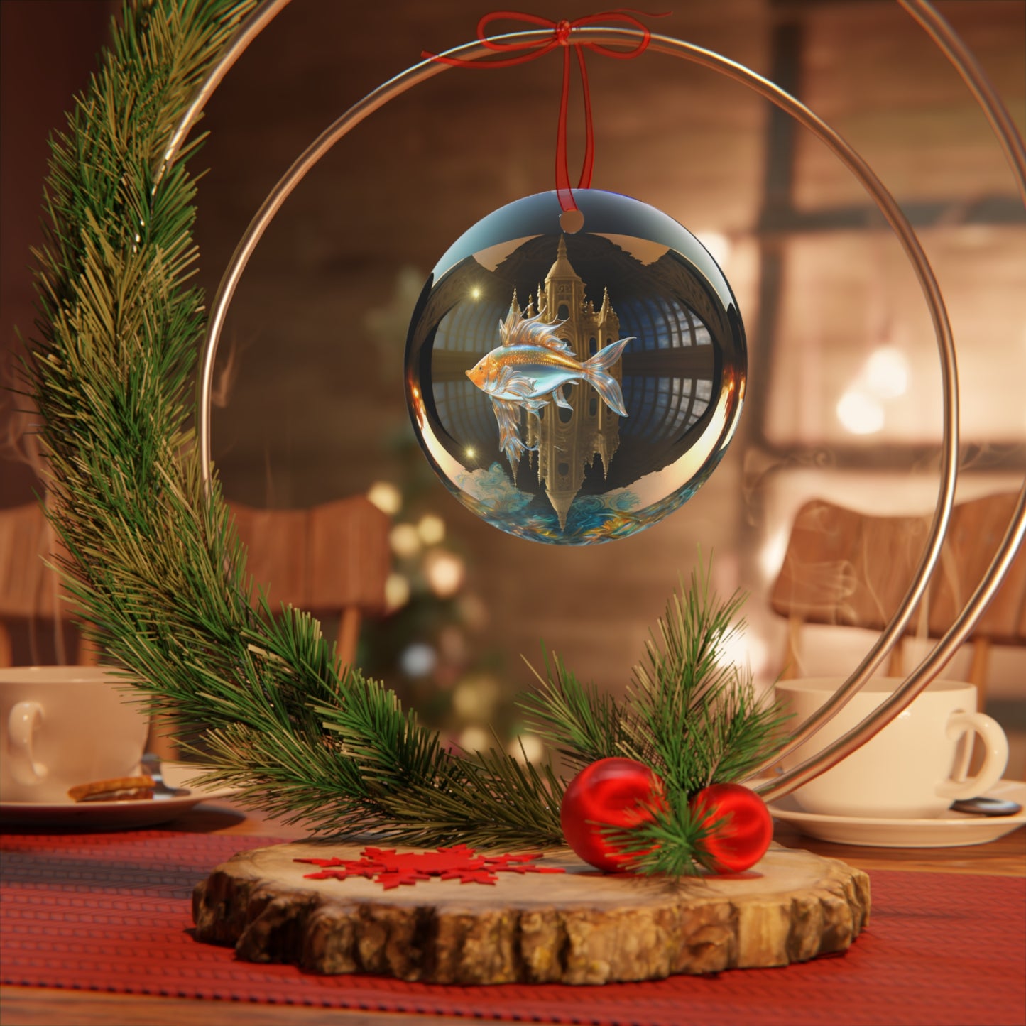 The Teafaerie: transparent spherical glass Christmas bauble with a real goldfish swimming inside of it. The glass is translucent and iridescent and reflective. There is a castle. Metal Ornament