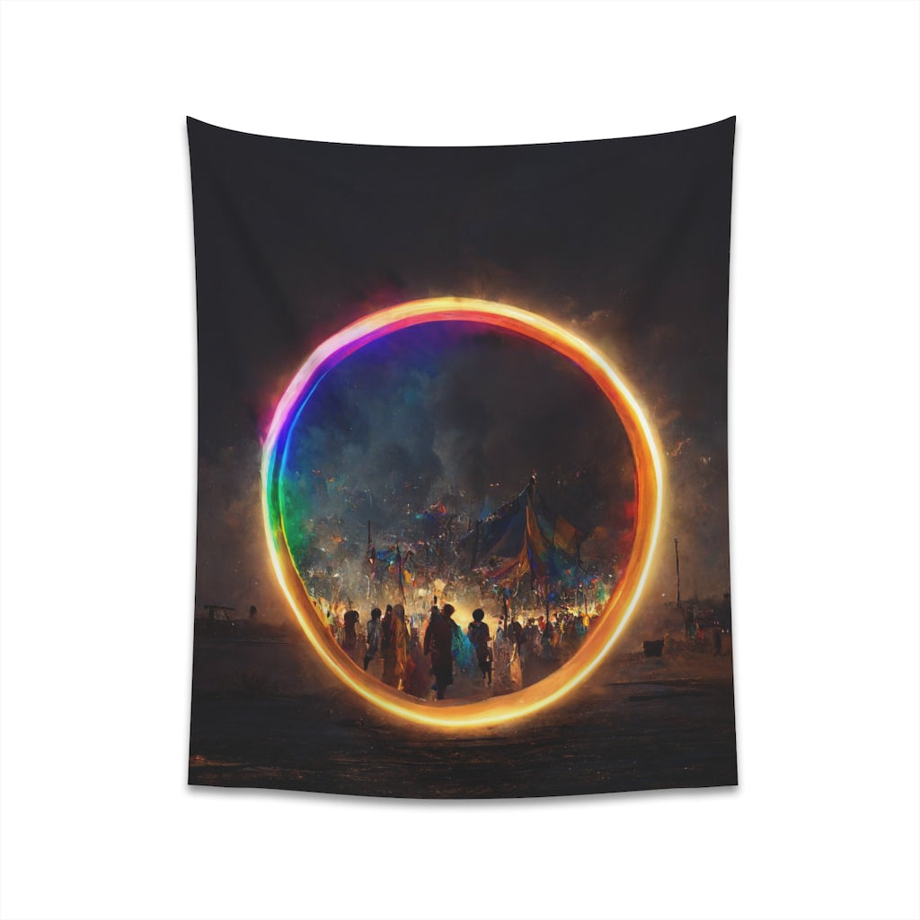 a bright rainbow circle of magic at burning man, cinematic - Printed Wall Tapestry