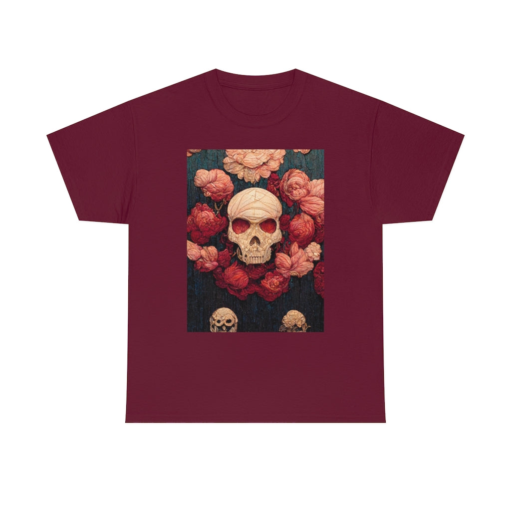 tiling pattern on wood panel of small skulls and vivid roses, gouache illustration - Unisex Heavy Cotton Tee