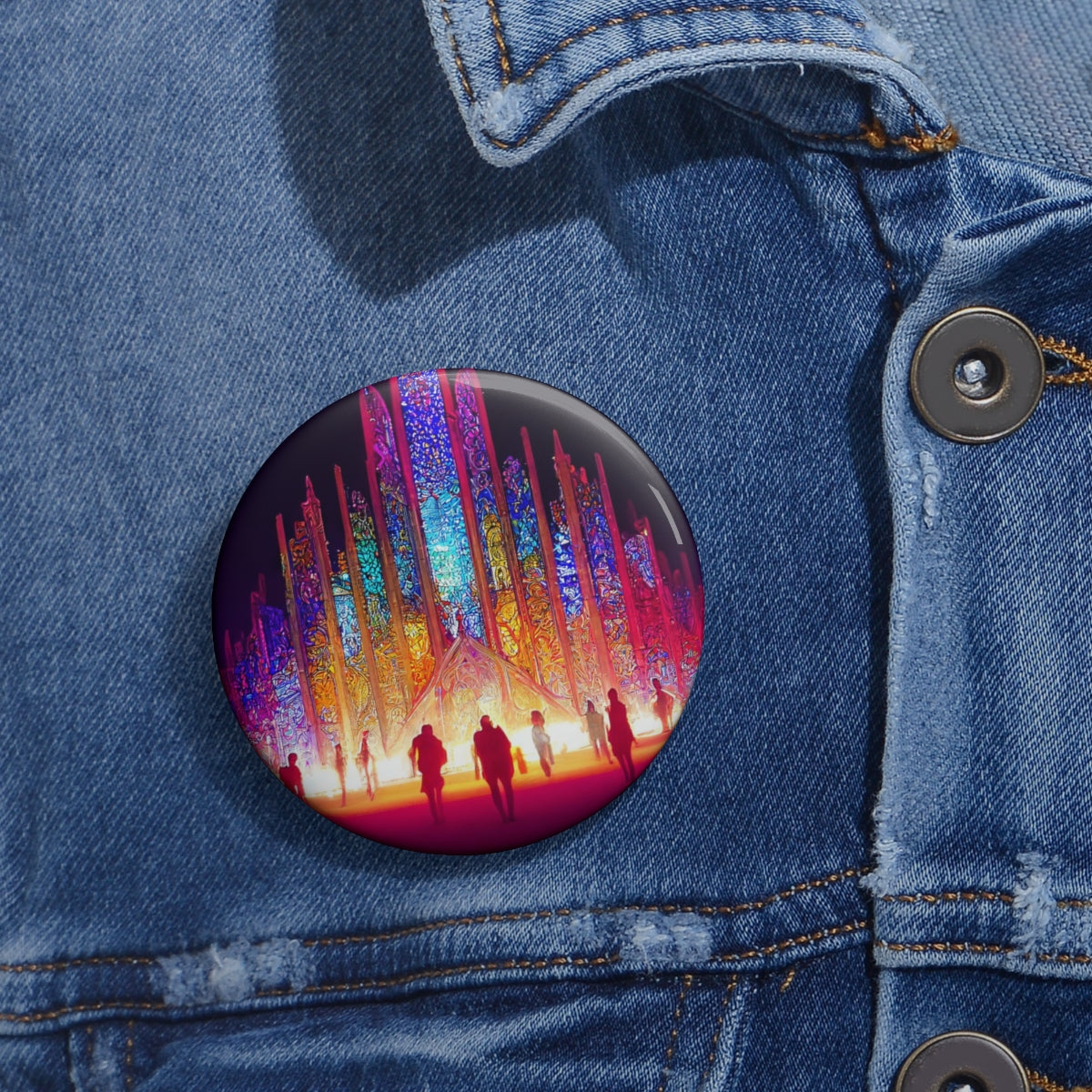 Pin Buttons - stained glass cathedral at burning man at night