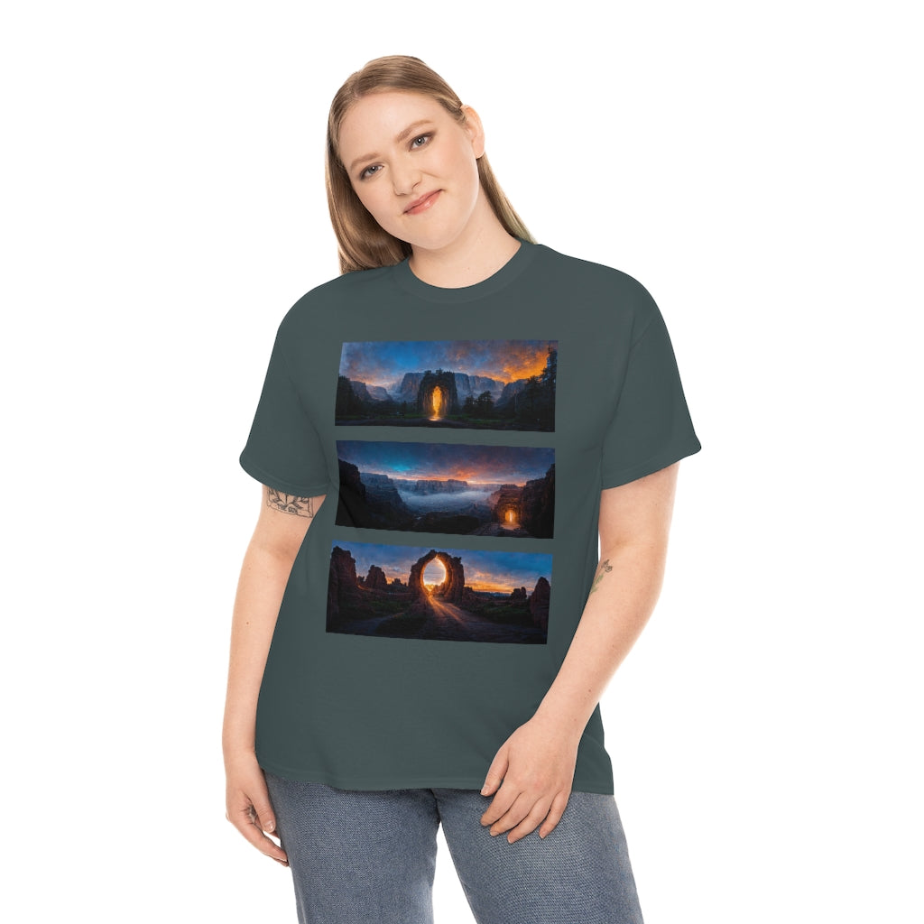 wide_angle_photo_of_a_magical_portal_in_(yosemite_valley, the_grand_canyon, arches_national_park) - Unisex Heavy Cotton Tee