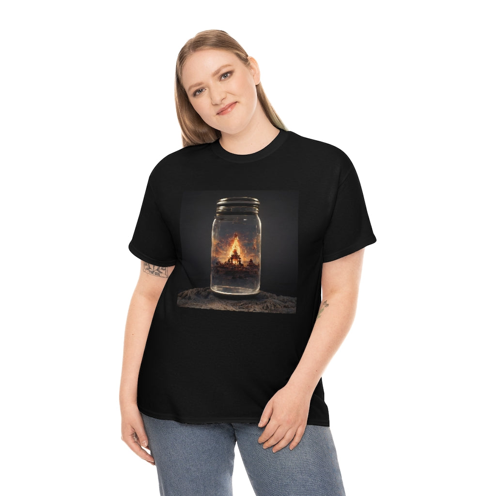 glass_jar_with_burning_man_temple_inside_black_rock_city - Unisex Heavy Cotton Tee