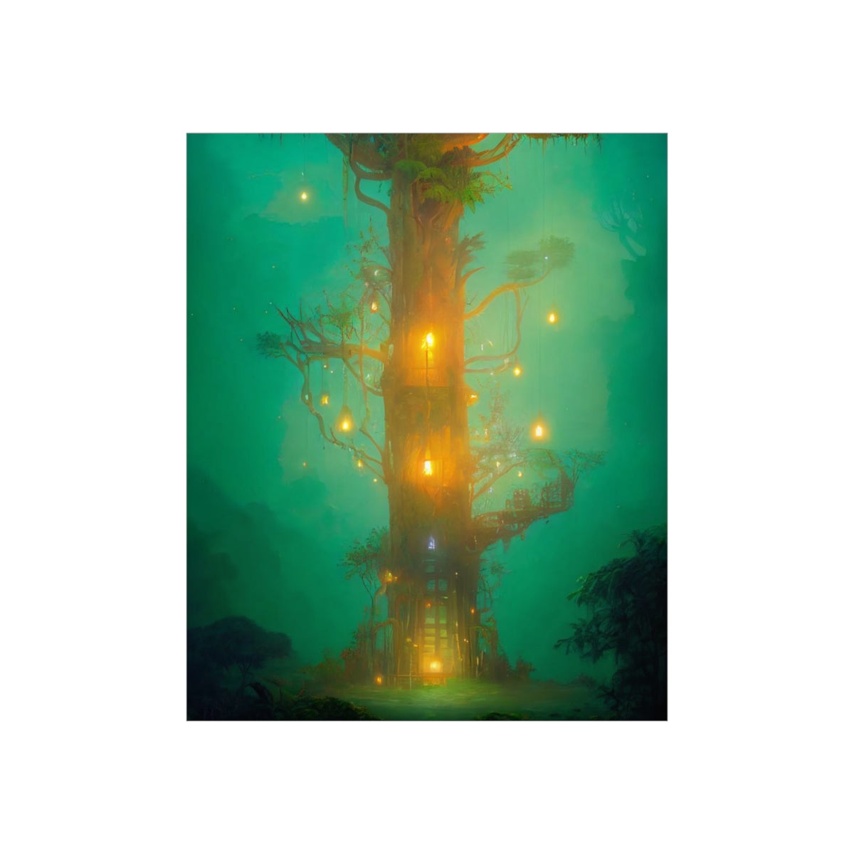 Premium Matte vertical posters - mystical treehouse surrounded by exotic plants and fireflies, jungle fog at sunset, cinematic lighting