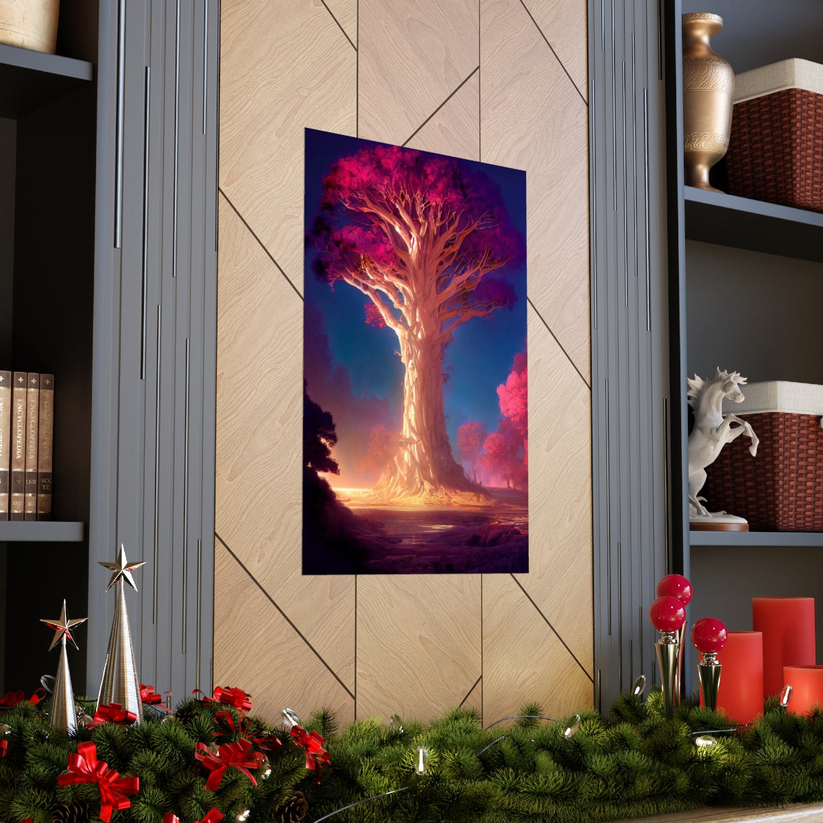 Premium Matte vertical posters - gate to a psychedelic realm, giant tree, light, highly detailed, immersive, volumetric light, detailed concept art