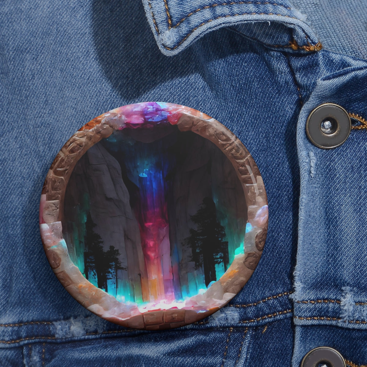 Pin Buttons - psychedelic portal to yosemite made of gemstones and glowing runes