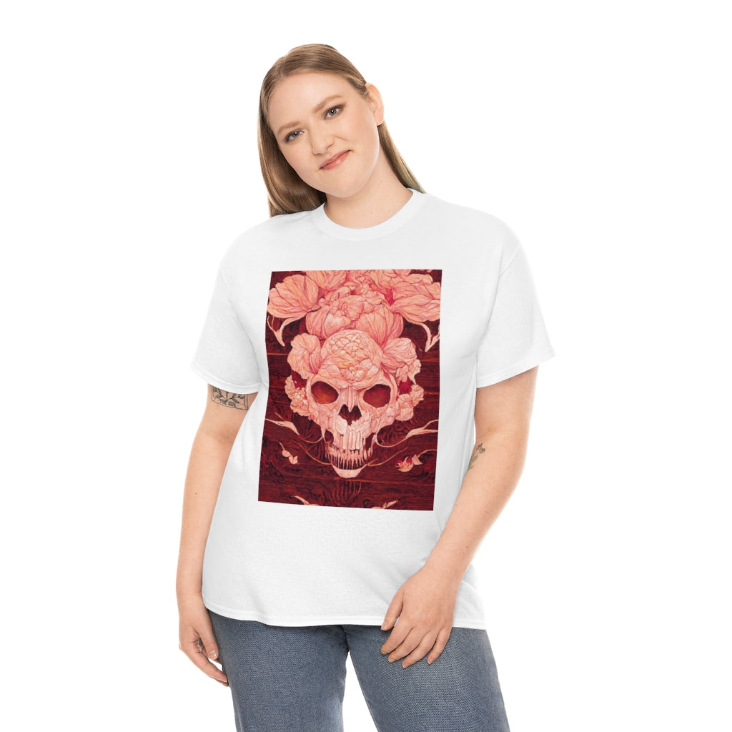 tiling pattern on wood panel of small skulls and vivid roses, gouache illustration - Unisex Heavy Cotton Tee