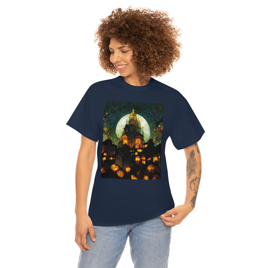 street-level_view_of_halloween_town_at_night_by_alphonse_mucha - Unisex Heavy Cotton Tee