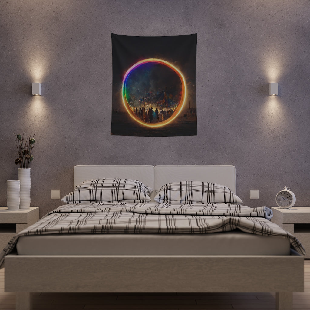 a bright rainbow circle of magic at burning man, cinematic - Printed Wall Tapestry