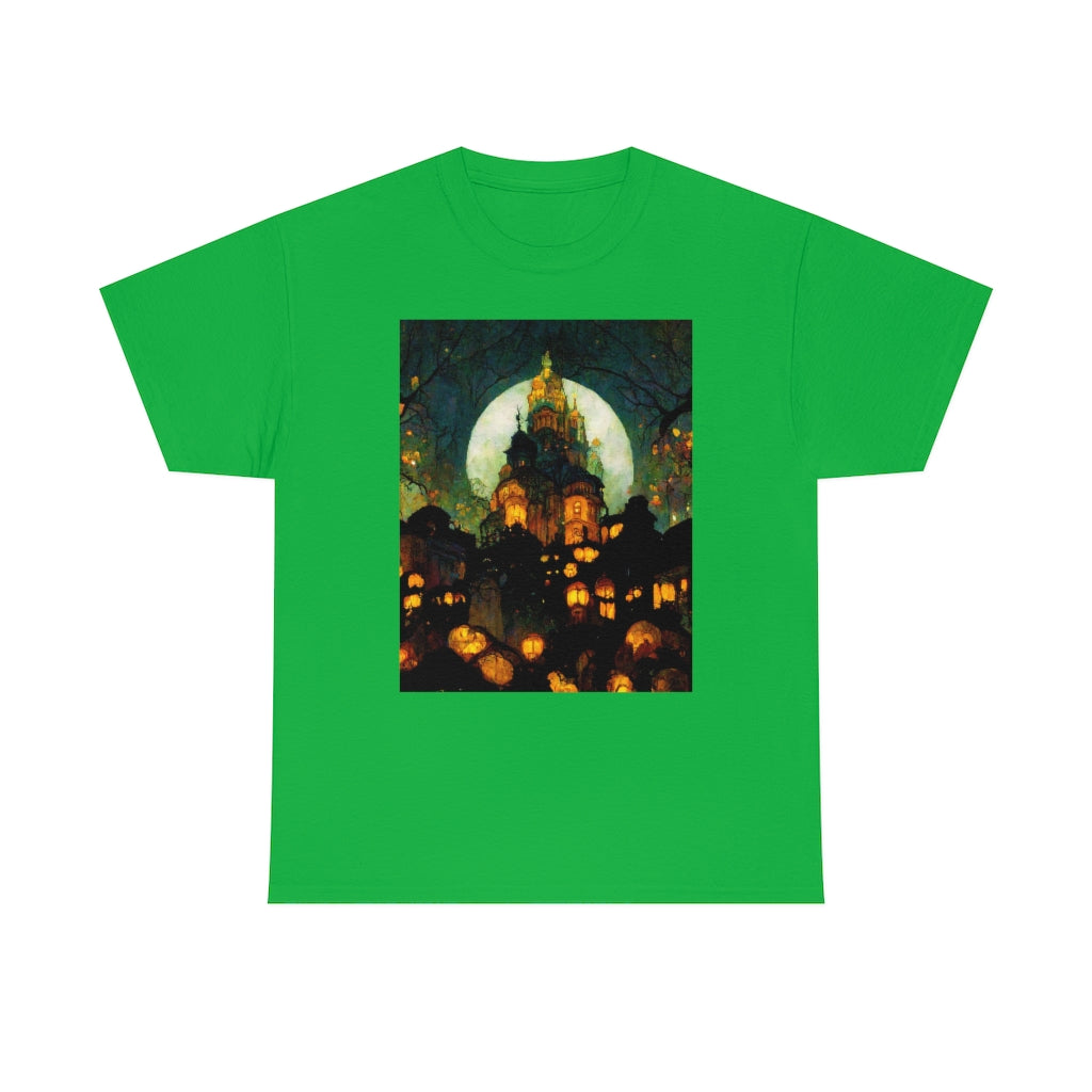 street-level_view_of_halloween_town_at_night_by_alphonse_mucha - Unisex Heavy Cotton Tee