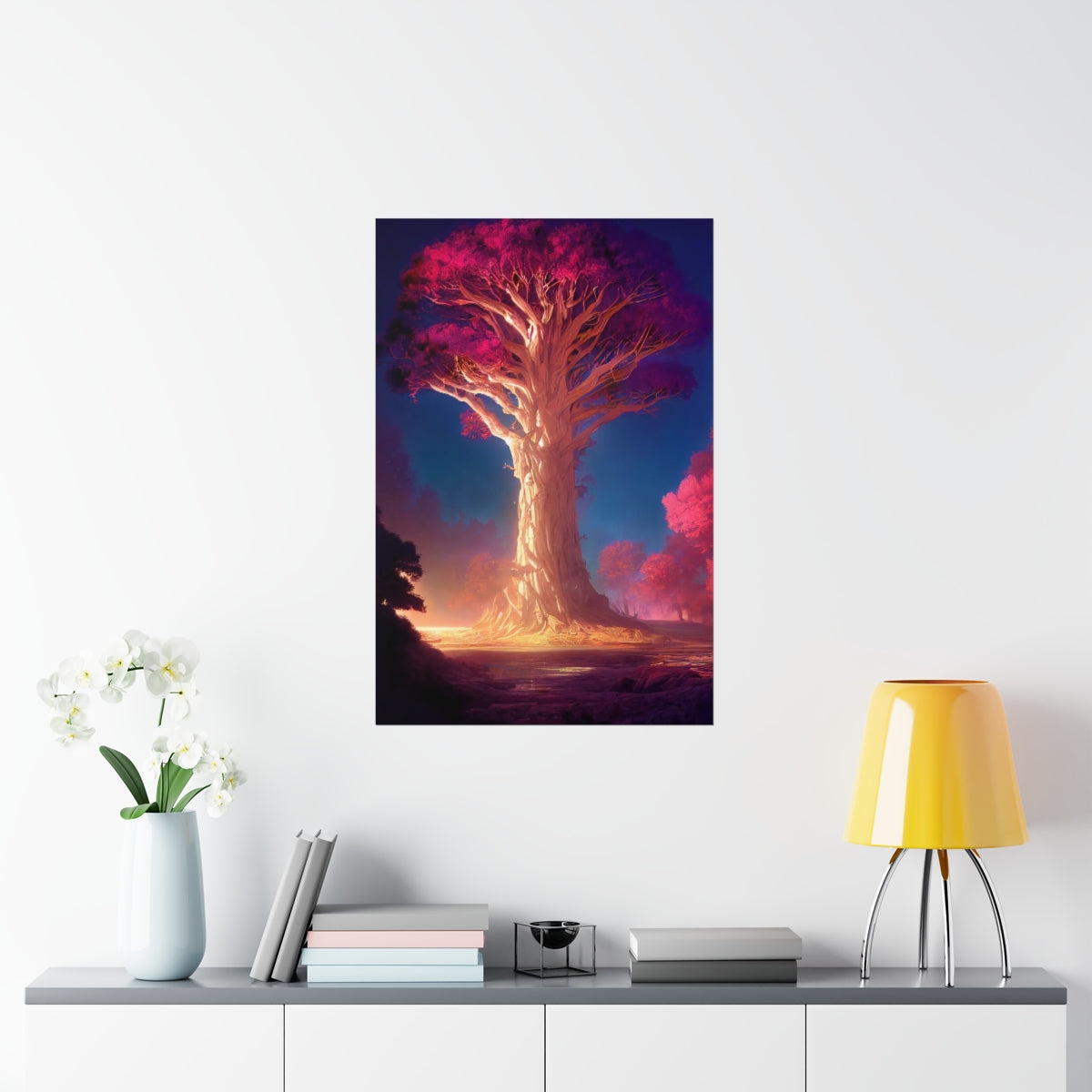 Premium Matte vertical posters - gate to a psychedelic realm, giant tree, light, highly detailed, immersive, volumetric light, detailed concept art