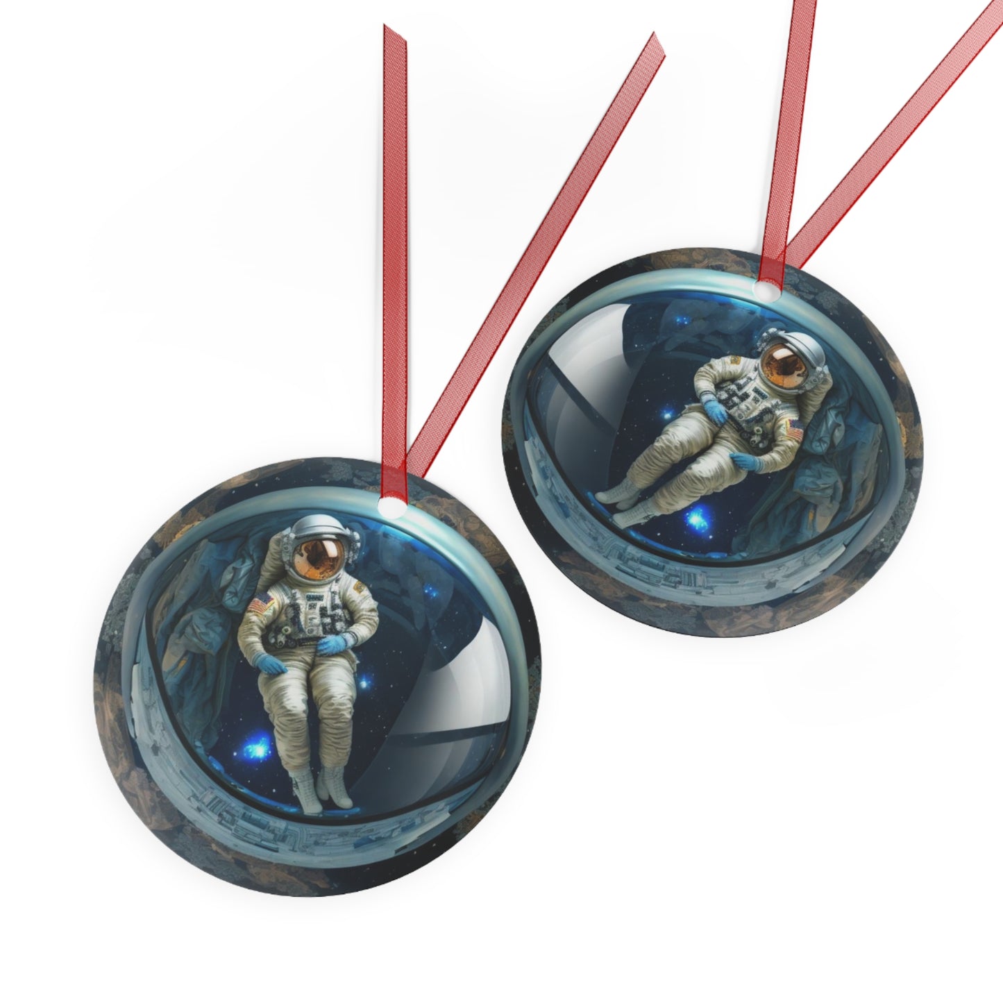 The Teafaerie: transparent spherical glass Christmas bauble with an female astronaut floating inside of it. Metal Ornament