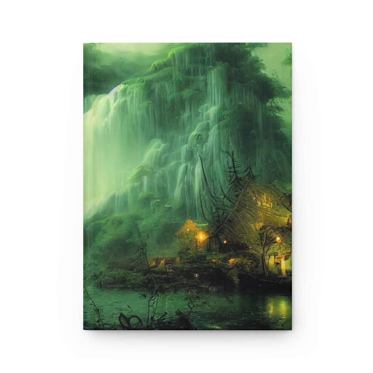 waterfall over a shipwreck, darkwood jungle tribal village, water reflections, wide angle, epic - Hardcover Journal Matte