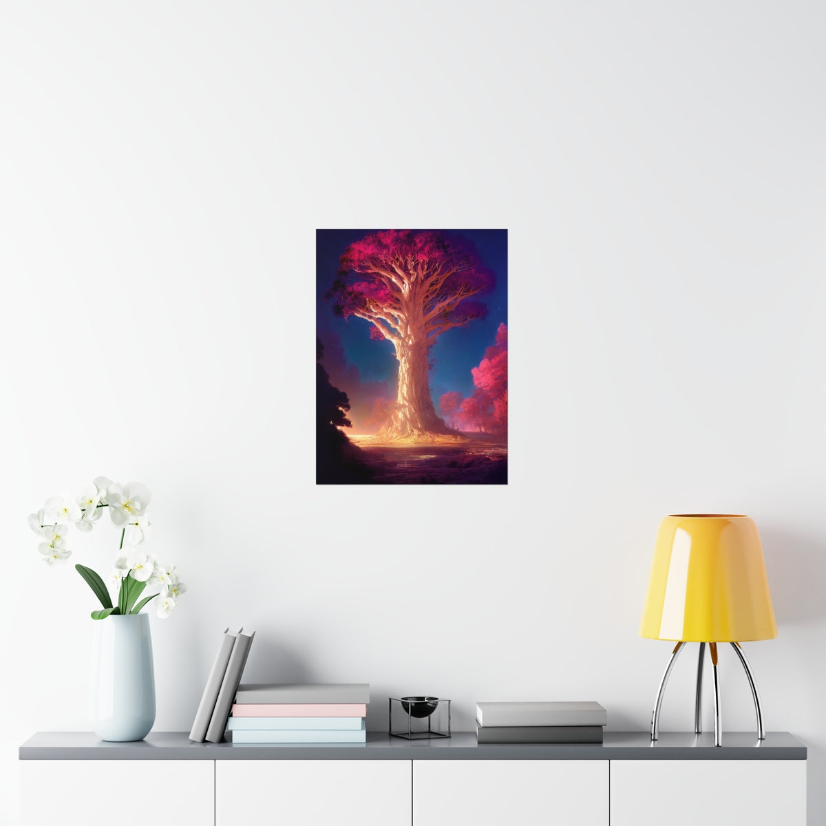 Premium Matte vertical posters - gate to a psychedelic realm, giant tree, light, highly detailed, immersive, volumetric light, detailed concept art