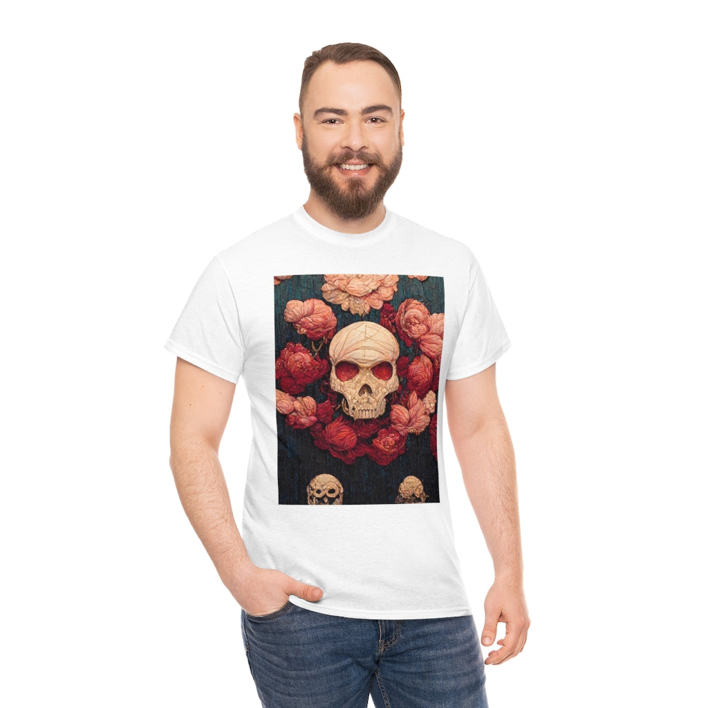 tiling pattern on wood panel of small skulls and vivid roses, gouache illustration - Unisex Heavy Cotton Tee