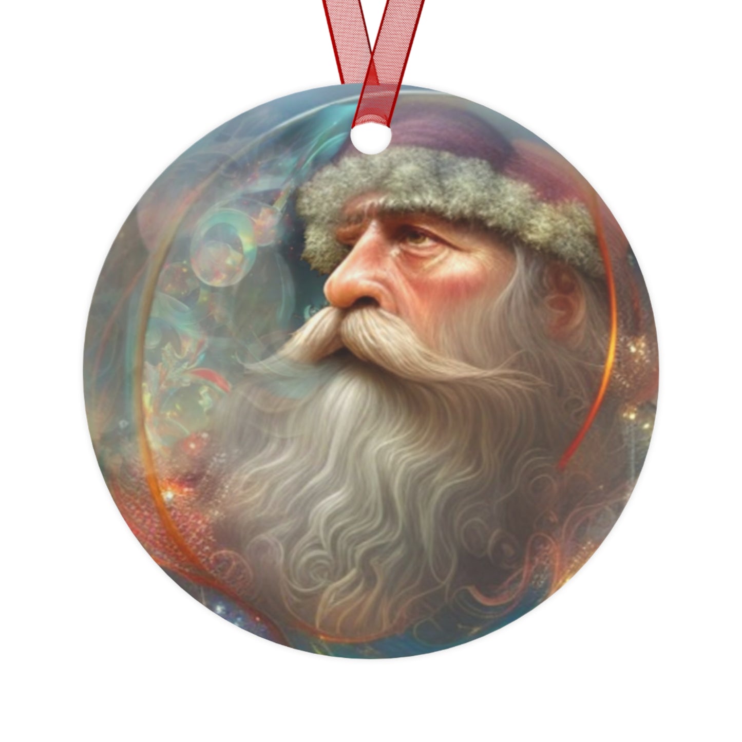 The Teafaerie: a transparent spherical glass Christmas ornament. more smoke An intricately detailed happy Santa Claus is inside of it, smoking a pipe. Metal Ornament