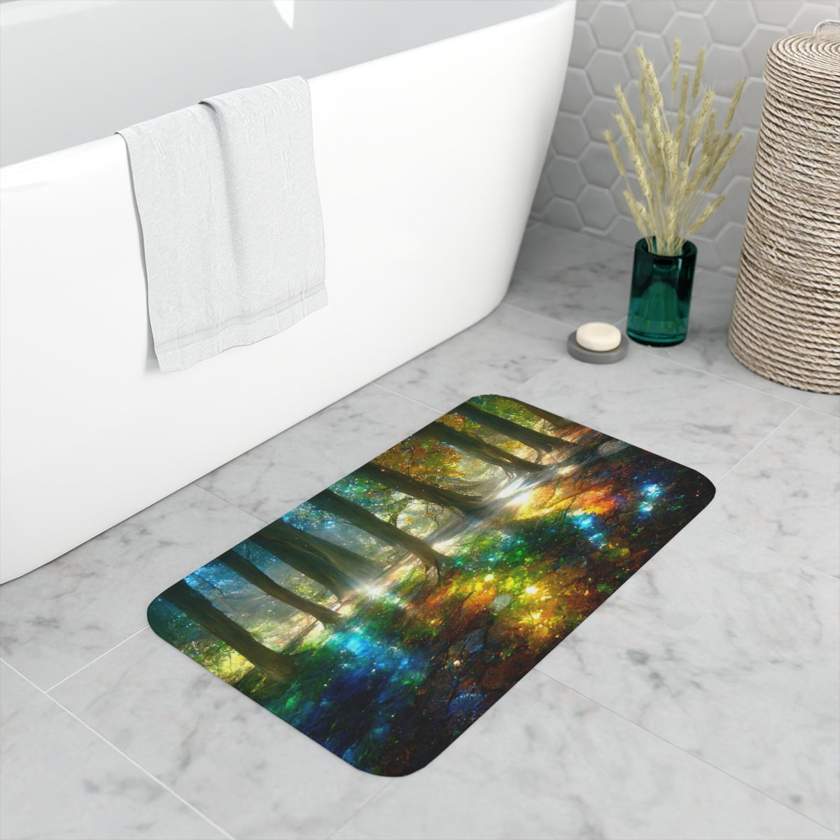 Memory Foam Bath Mat - a picture of trees that have mirrors, crystals, and gemstones as leaves, sunlight is dispersed through crystal leaves creating rainbows