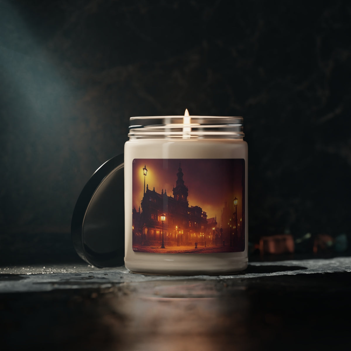 Scented Soy Candle, 9oz - fantasy scene, old victorian city, many details, dark fantasy, sparkle, lights, Grimdark, ornate, Intricate details, unreal engine, 8k