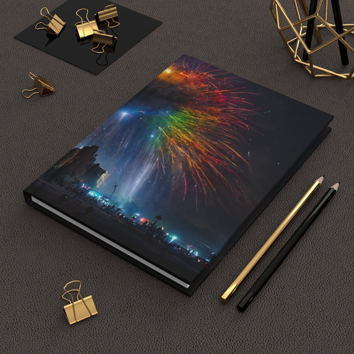 giant rainbow fireworks exploding in the sky, black rock city in the background, lasers and lights illuminating dust, last star in an early morning sky, crowds of people dancing below - Hardcover Journal Matte