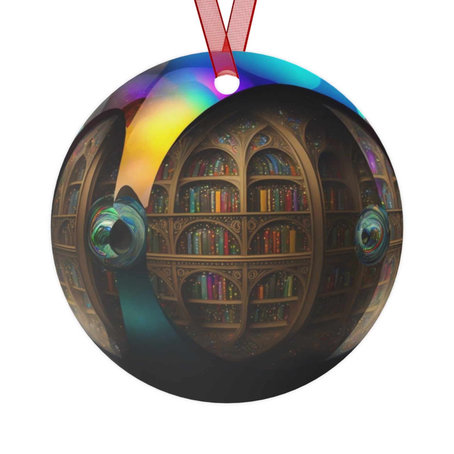 The Teafaerie: a transparent spherical glass christmas ornament with an infinite library inside of it. Zero gravity. spherical library Realistically rendered. Metal Ornament