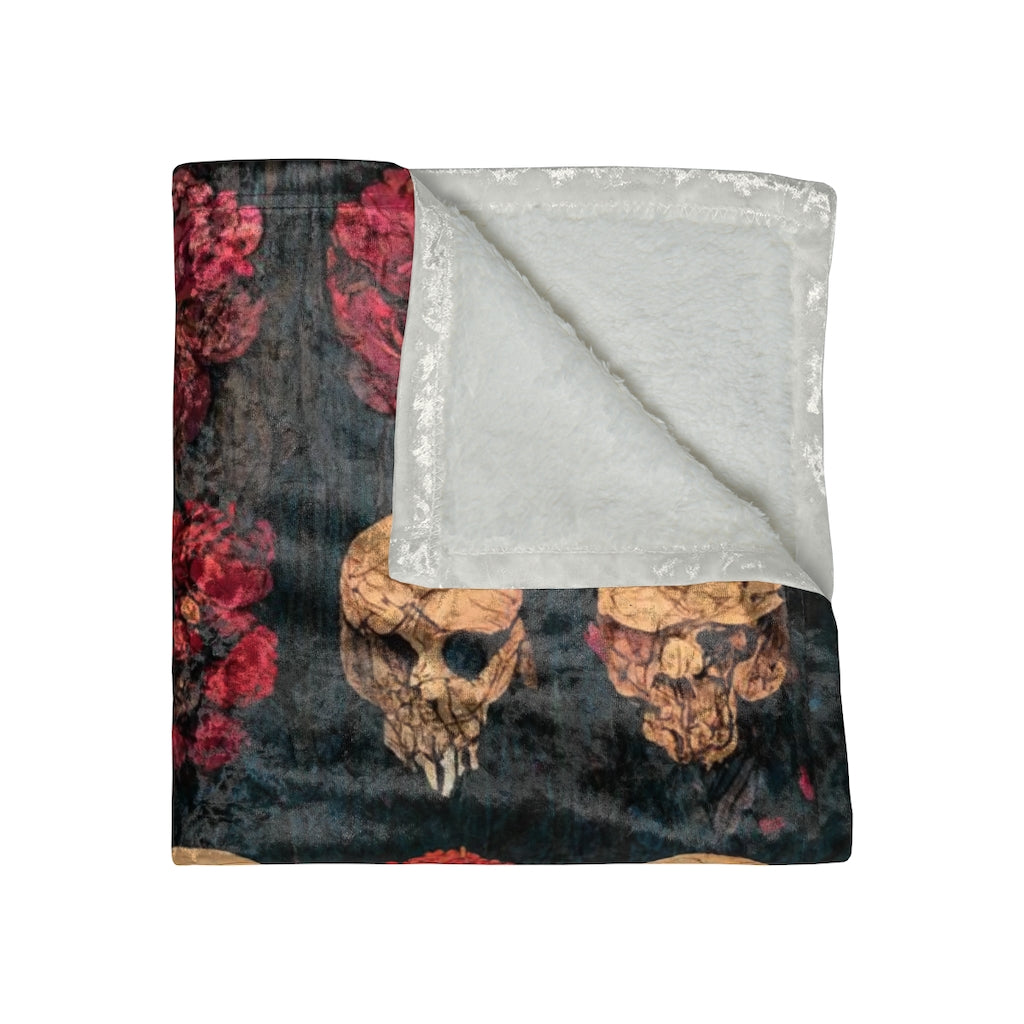 tiling_pattern_on_wood_panel_of_small_skulls_and_vivid_roses - Crushed Velvet Blanket